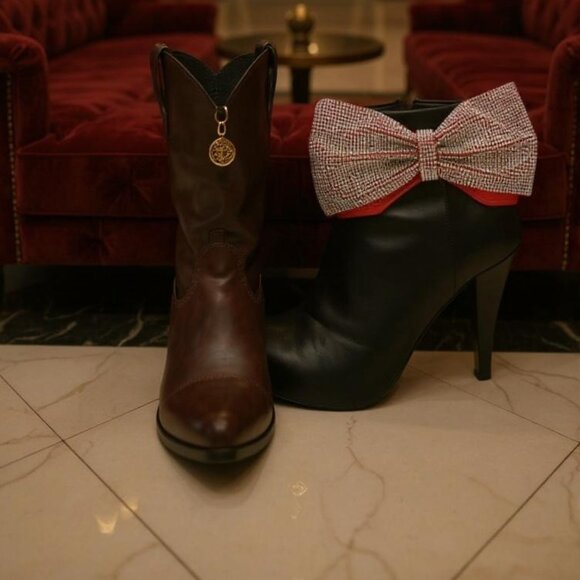 NEW Women 2PC Gold Metal Boot Chain Bracelet Shoe Anklet Bling Red Bow Tie Charm